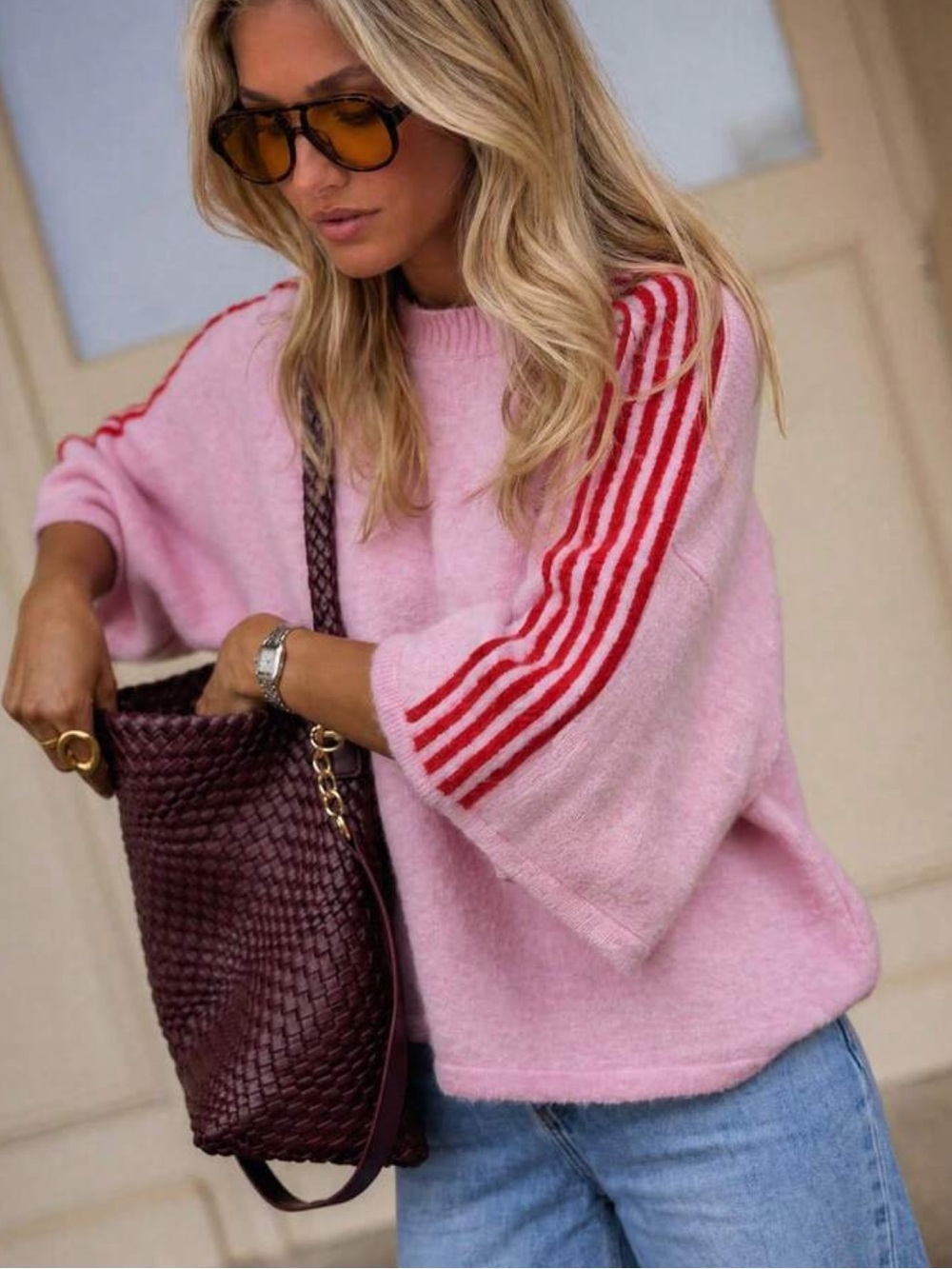 Women's Autumn Knit Sweater, Loose Round Neck 3/4 Sleeve Pullover, With Contrast